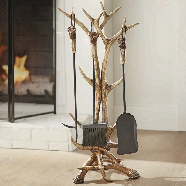 Rustic Antler Fireplace Tool Set Lodge Style 3 Tools w/ Stand 31”