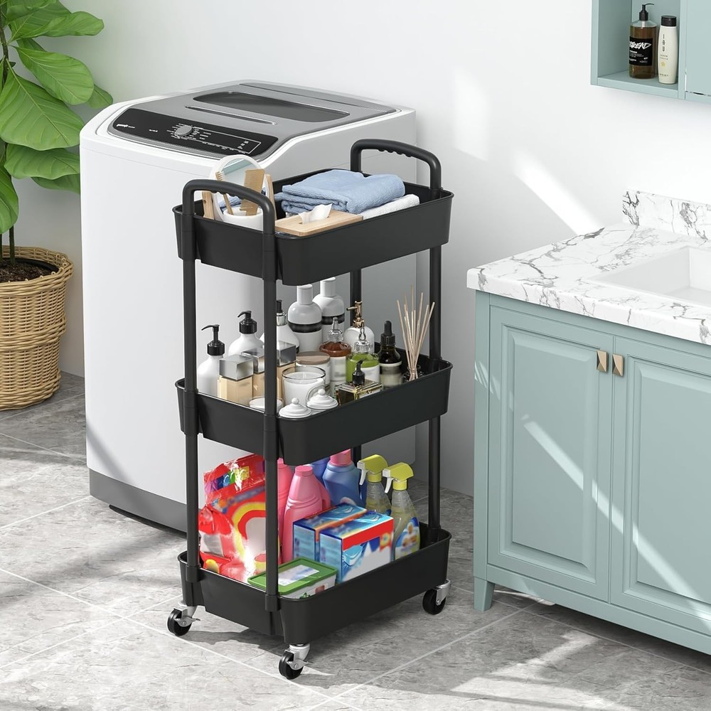 Black Multi-Functional Rolling Cart with Lockable Wheels - Perfect for Any Space