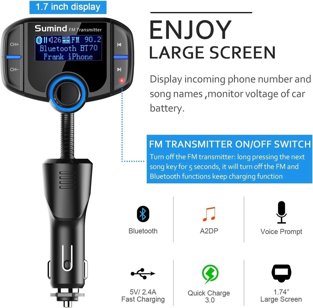 Sumind BT70B 1.7 Inch 2.4 GHZ Bluetooth FM Transmitter - Black, New in Box.
