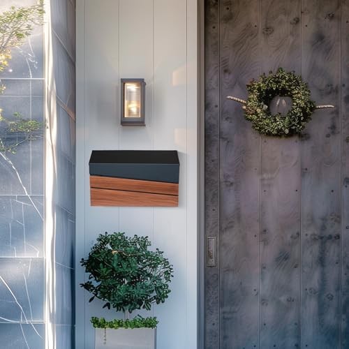 Wall-Mount Mailbox, Walnut Wood Panel, Rust Resistant Large No Flag style