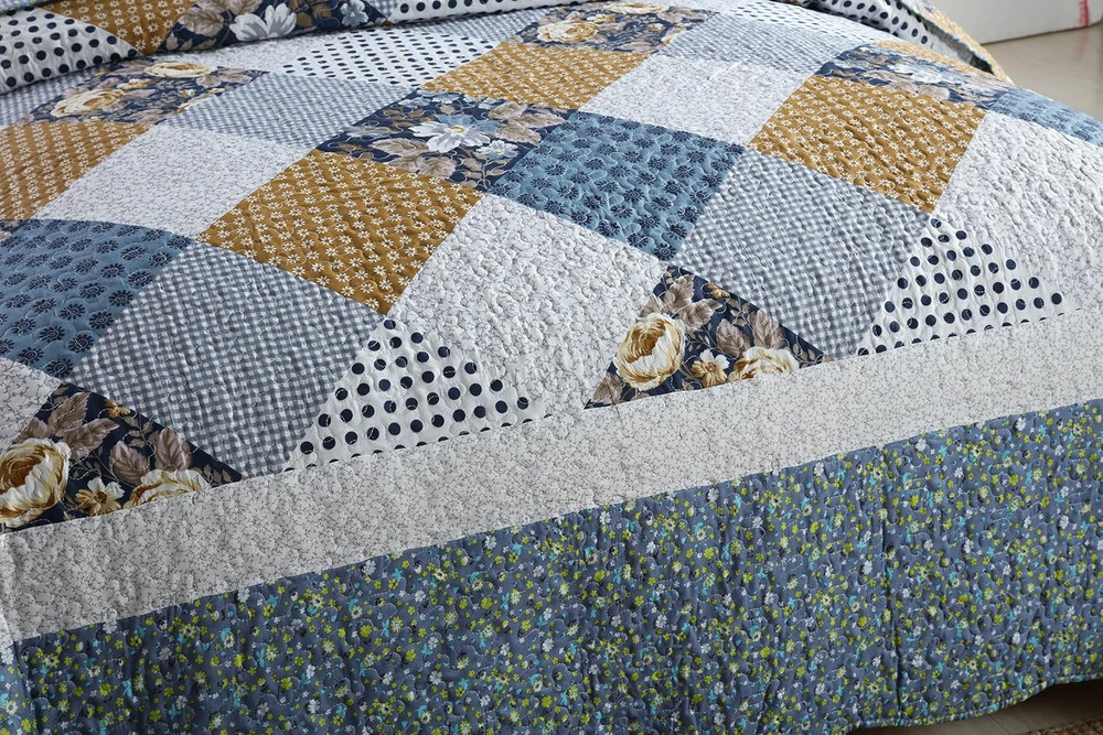 3-Piece King Bedspread Quilt Sets Patchwork Floral Oversized Reversible Soft Qui