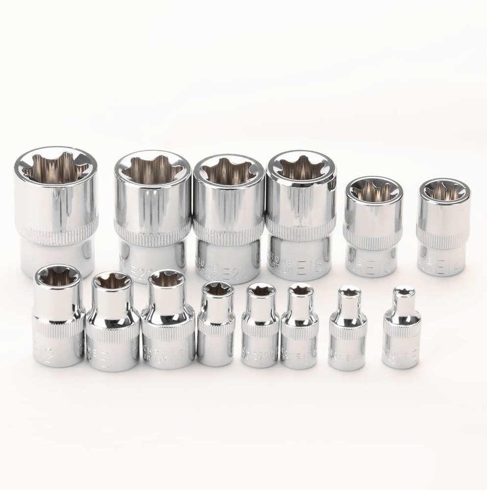 14 Pieces Female Etorx Star Socket Set E4 E24 Torque Socket Set 1/4" 3/8" 1/2" D
