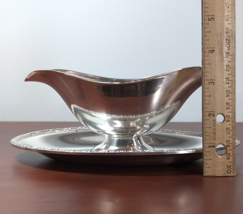 Vintage FESTIVAL Silverplate Double Spout Gravy Boat w/ Attached Under plate