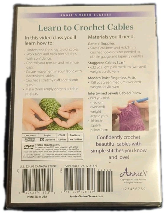 NEW Learn to Crochet Cables - Jennifer Pink - DVD Video Class & Pattern CD