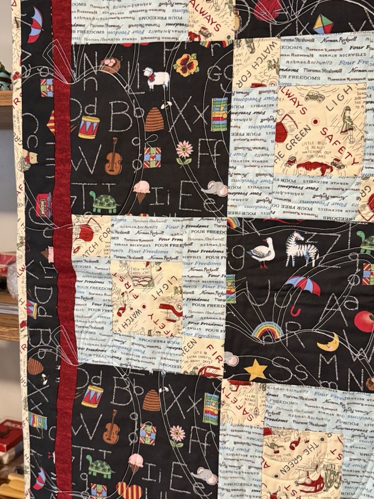 New Patchwork Quilt Throw Blanket Handmade Signed Reversible ABCs Cats 57”x42”
