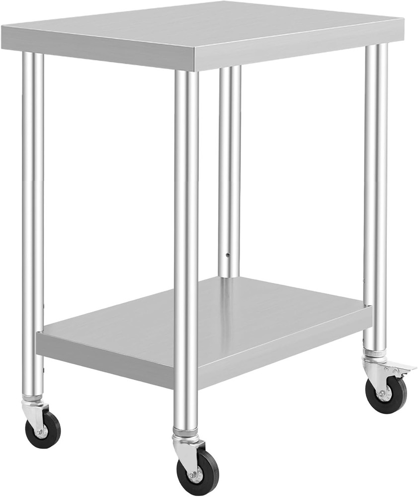 Stainless Steel Table with Wheels Undershelf Metal Kitchen Table for Prep & Work