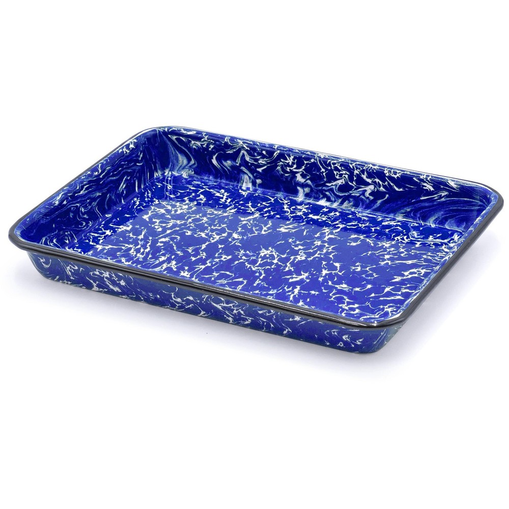 11" x 9" Enameled Steel 2 qt Rectangular Serving Tray, Navy Blue Marble