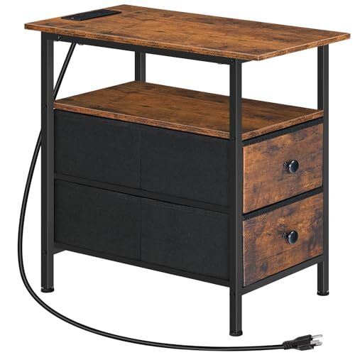 End Table with Charging Station, Narrow Side Table, Nightstand with 2 Non