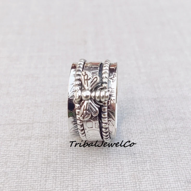 Honey Bee Spinner Ring, 925 Sterling Silver, Spinner Ring, Worry Ring, All size