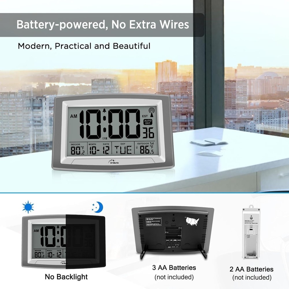 Atomic Wall Clock with Indoor/Outdoor Temperature Display