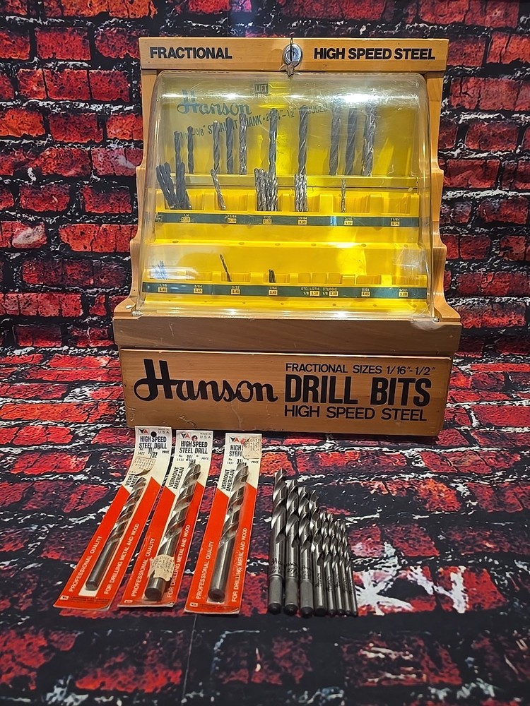 VINTAGE Hanson Drill Bit Advertising Counter Display Cabinet - w/ 54 DRILL BITS