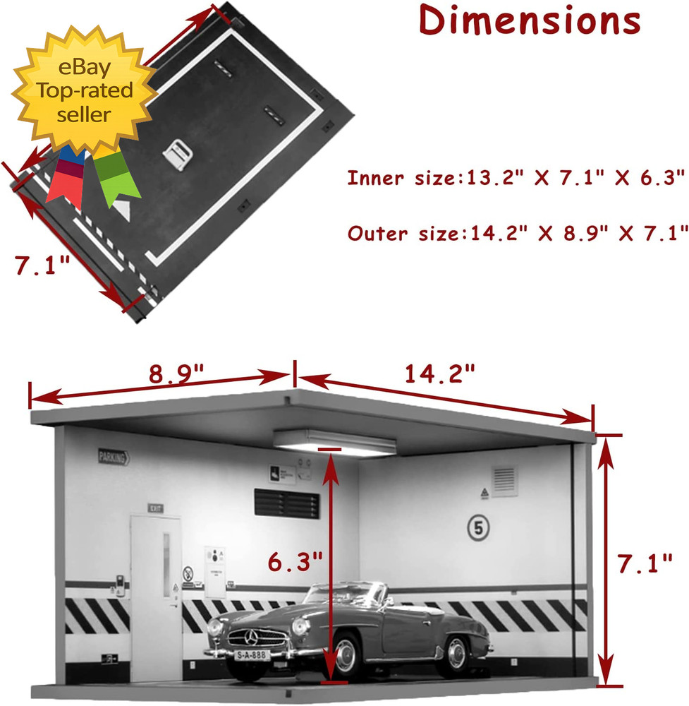 1 18 Scale Model Car Display Case LED Light Acrylic Garage Box Dustproof Display