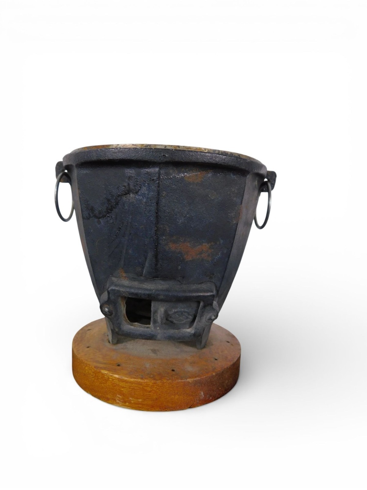 Antique Cast Iron Charcoal Brazier Incense Burner Wood Base