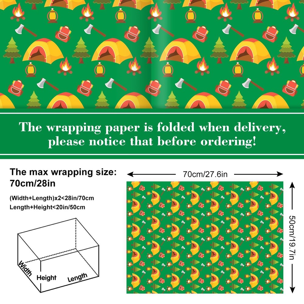8 Sheets Summer Camping Gift Wrap Paper Folded Flat Tent Bear Tree Design