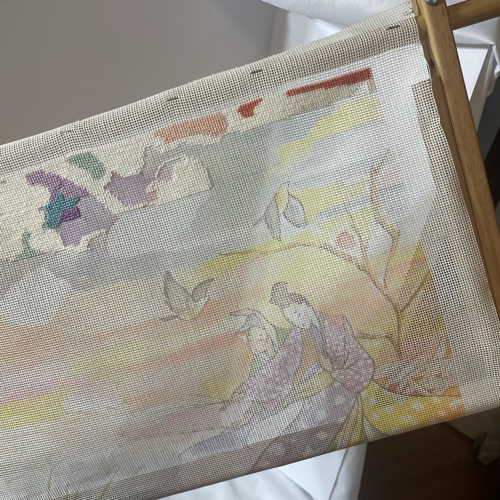 Rare, Needlepoint tapestry 'in process project' stretch scroll frame Asian