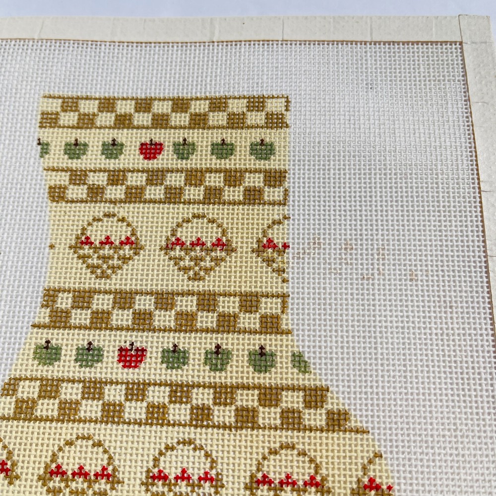 1984 Vintage Hand Painted Needlepoint Pattern Canvas Stocking Apples Baskets