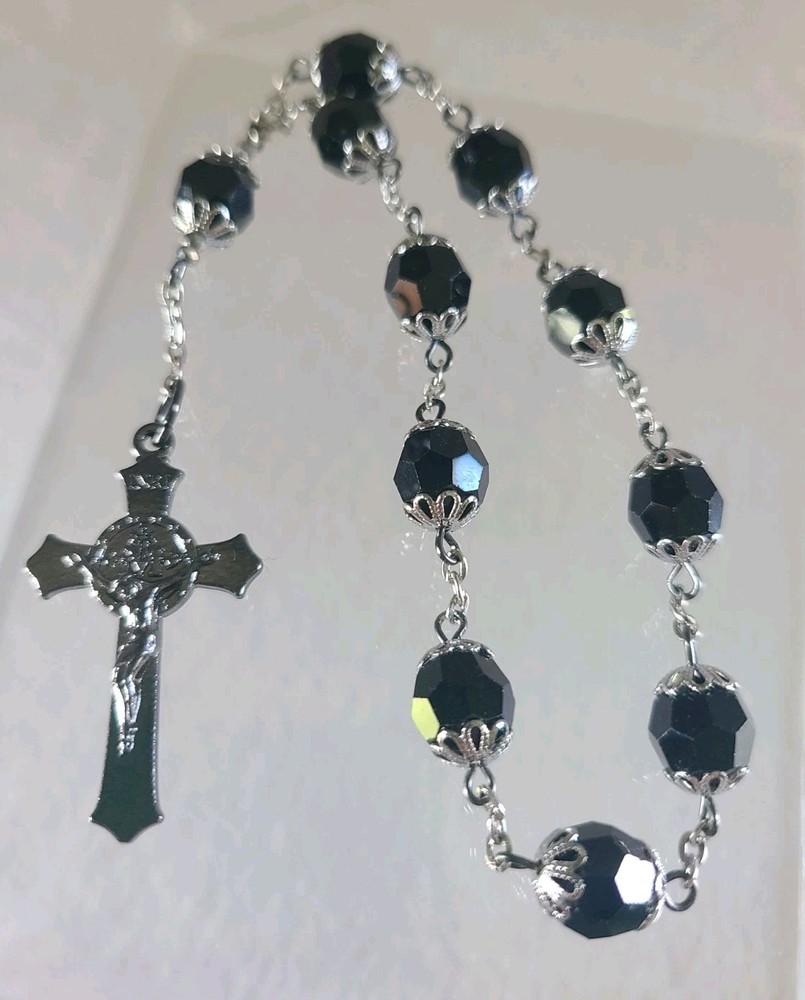 Handmade Single Decade PRAYER BEADS Black Faceted cut Glass beads Silver tone