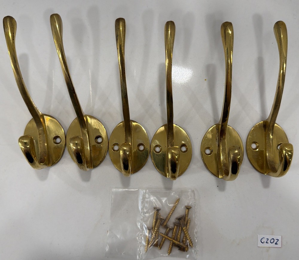 6 VTG 4”Solid Brass Wall Door Coat Kitchen Hook Rustic Old Style with 1”screws