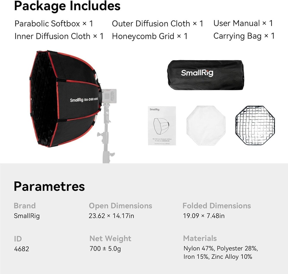 RA-D60 Parabolic Softbox, 23.6" Quick Release Softbox with Carrying Bag, Comp...
