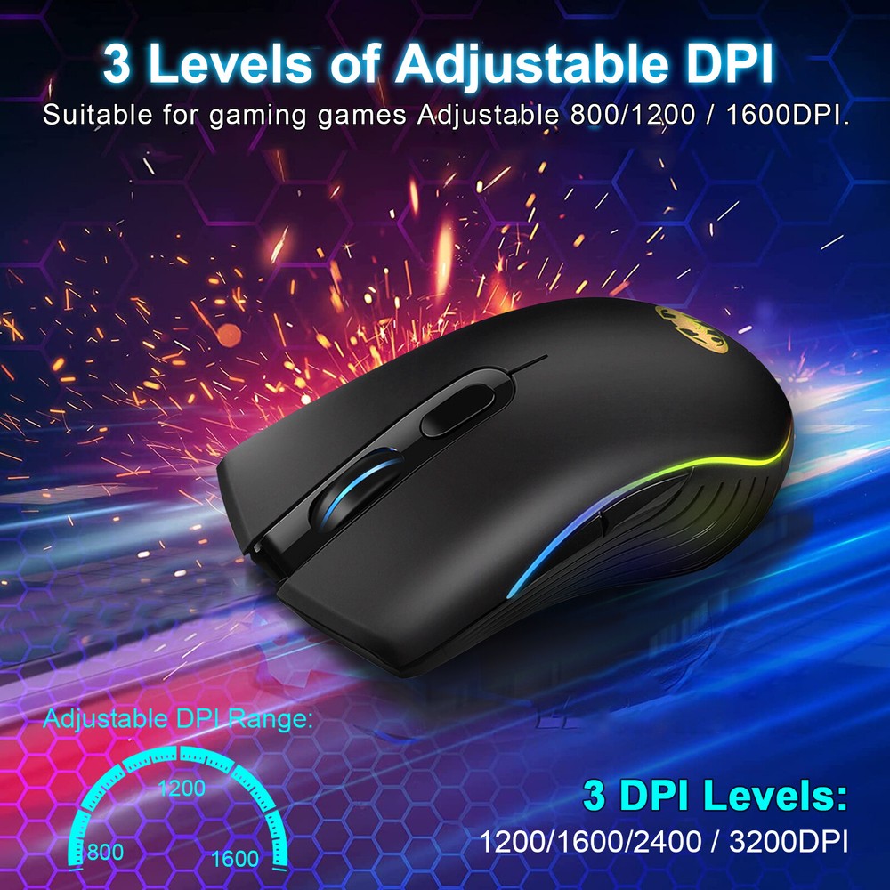 Wireless Gaming Mouse 2.4GHz Rechargeable Optical Mouse 7 Colors LED Backlit PC