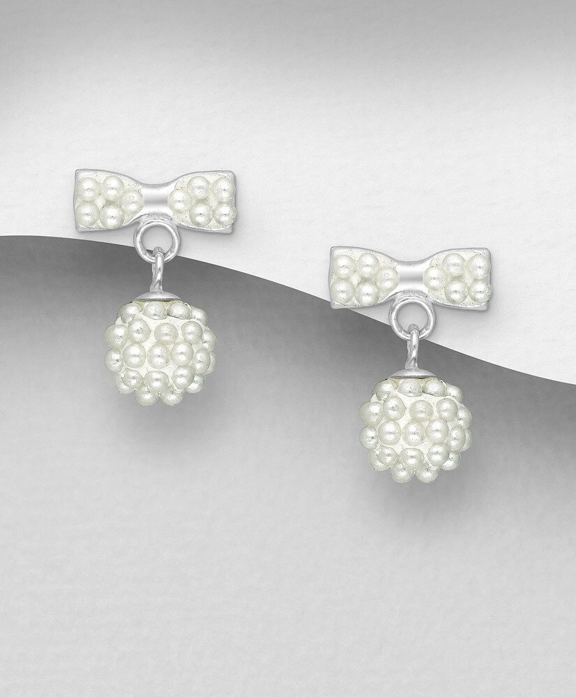 Solid Sterling Silver Seed Pearl Bow 14mm Dangle Earrings Cute