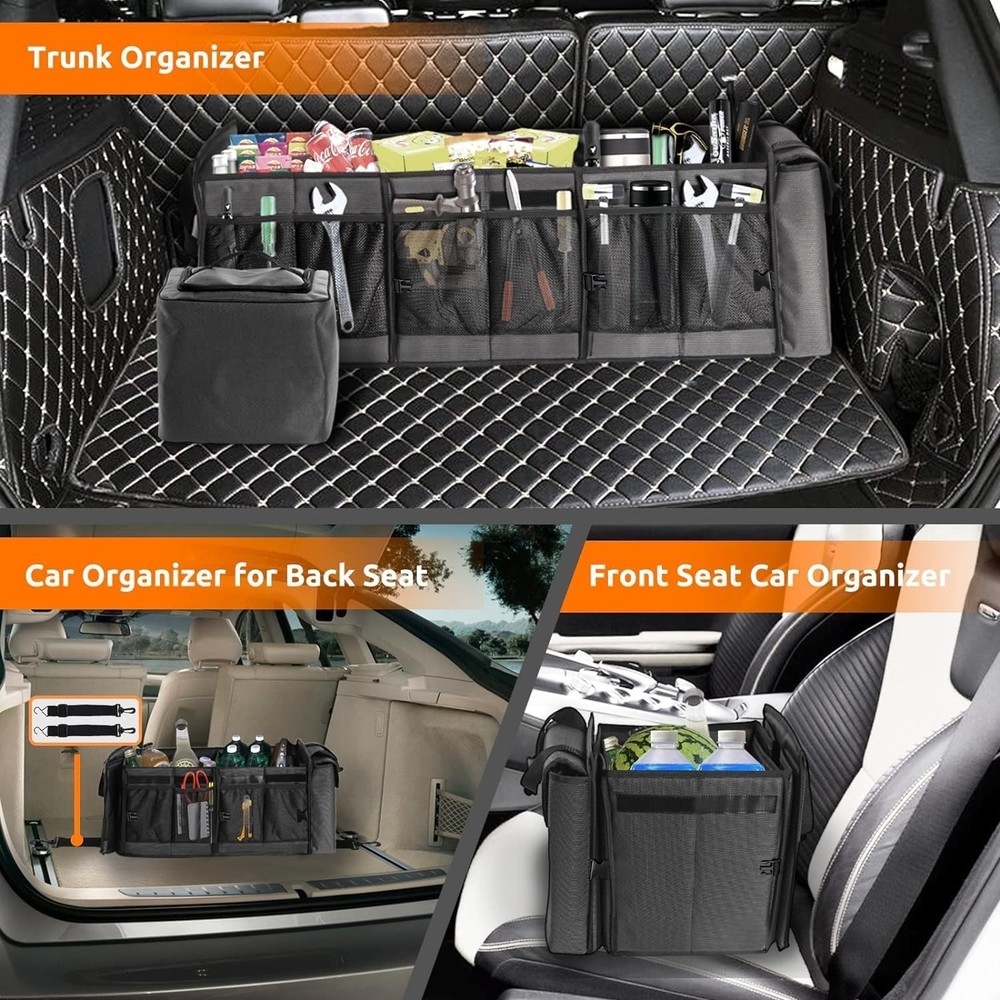 Collapsible Trunk Organizer with Adjustable Compartments & Waterproof Cooler Bag