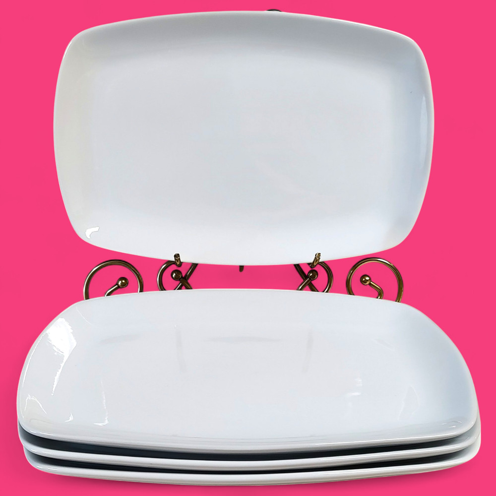 4pc Modern White Porcelain Serving Platters 12"x 8" Rounded Rectangular