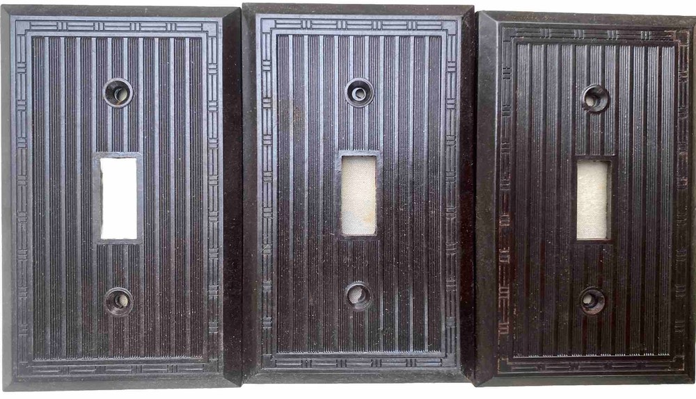 3 VTG Dashed Line Bakelite Brown Single Toggle Switch Plate Cover NOS. E9