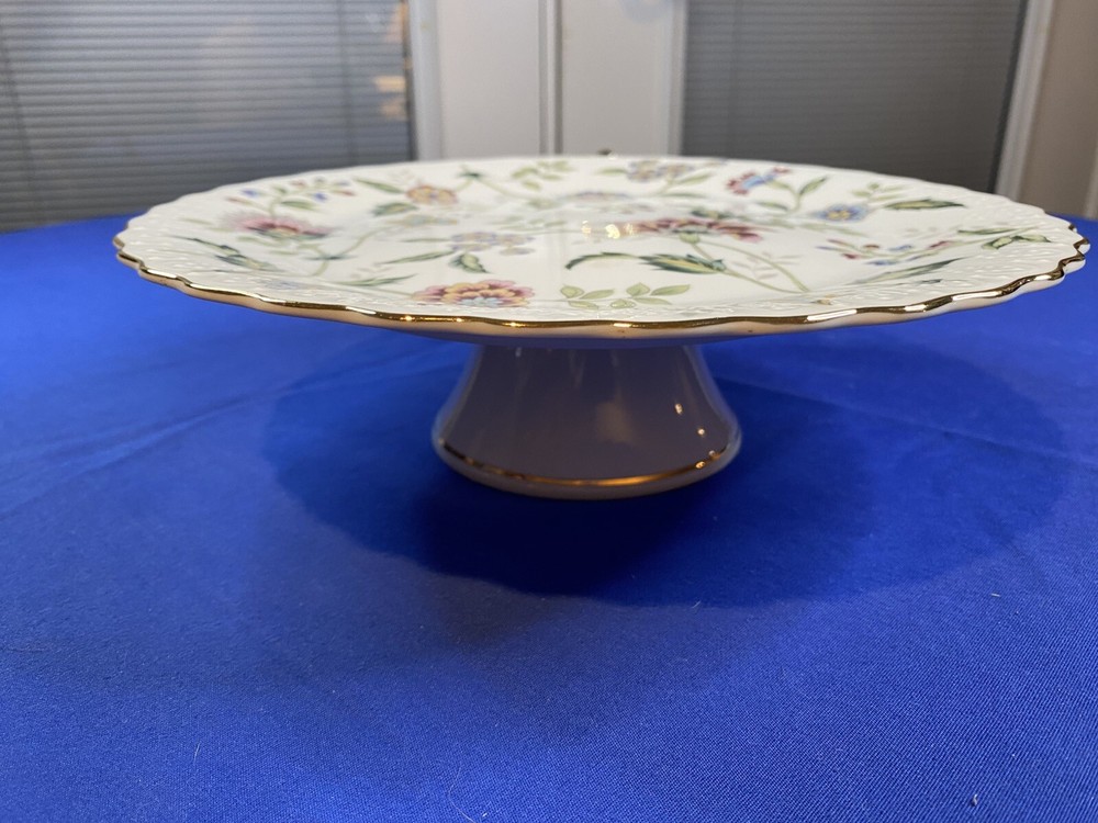 Porcelain Pedestal Cake Plate Multi Colored Buckingham Pattern