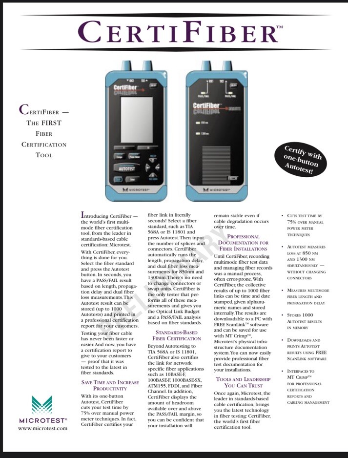 Microtest CertiFiber Optic Advanced certification for multimode Fiber Network