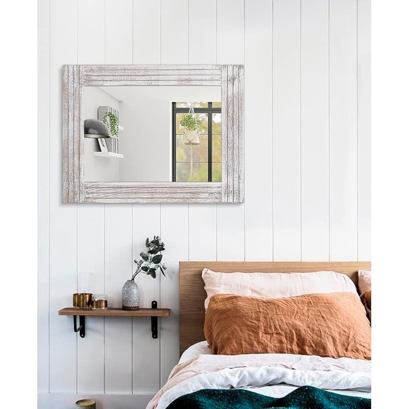 Rustic Wooden Wall Mirror Rectangular Frame Durable Decorative Accent Home Decor