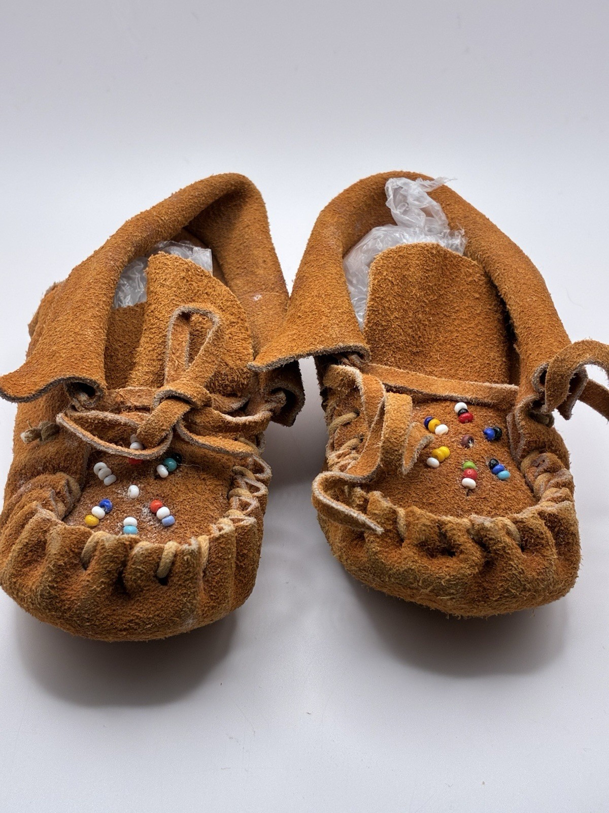 Antique 1960s–70s Handmade Suede Leather Beaded Moccasins Baby Toddler