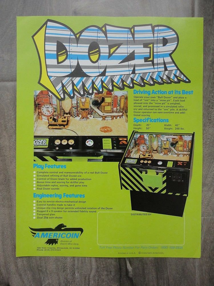 Dozer Arcade Machine Flyer Original Americoin Brochure