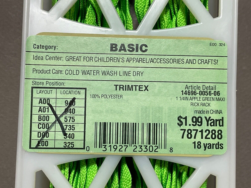 TRIMTEX BASIC 1 1/4" APPLE GREEN MAXI POLY RICK RACK 11 YDS