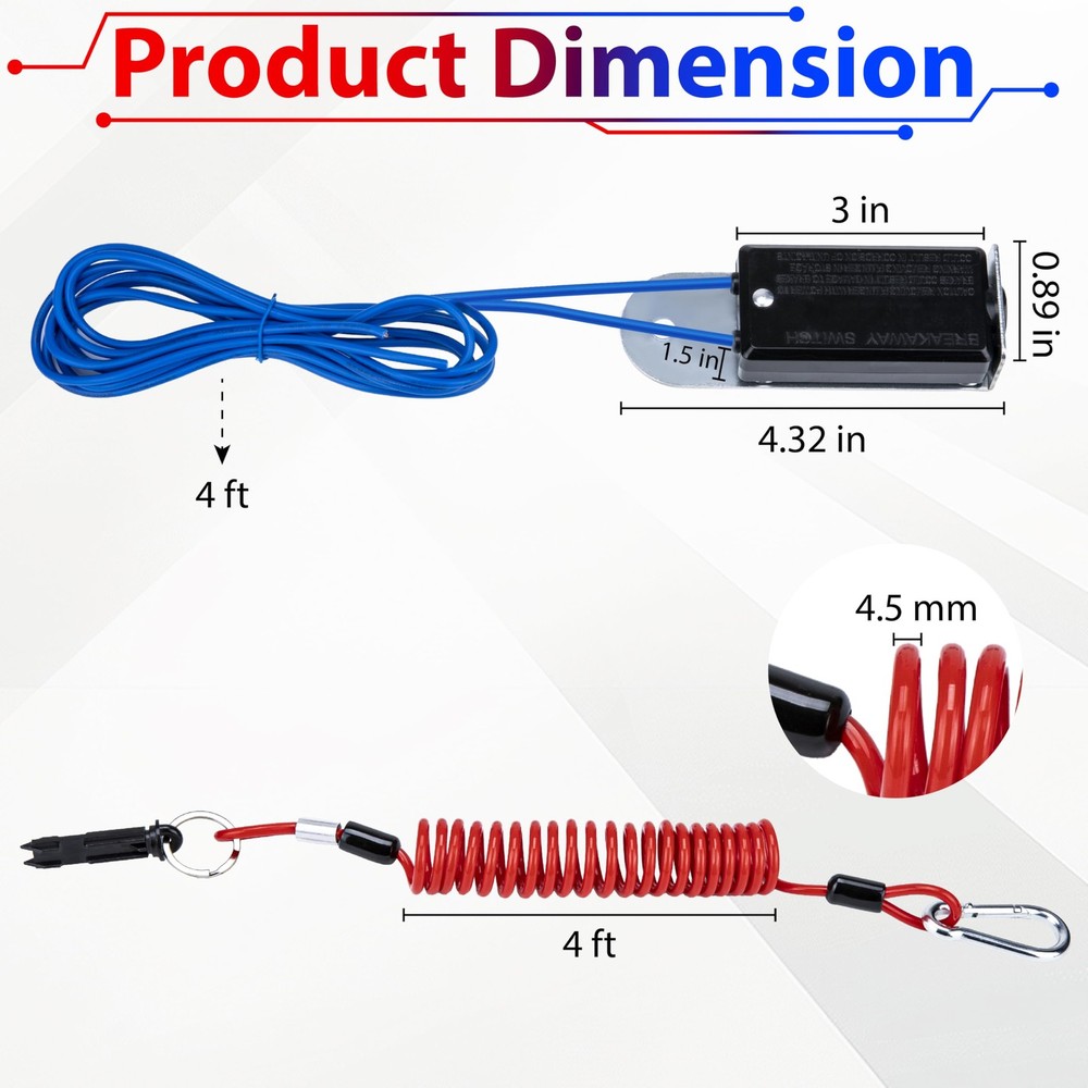 Trailer Breakaway Switch 4FT Coiled Brake Away Cable Trailers Pull Steel Spring