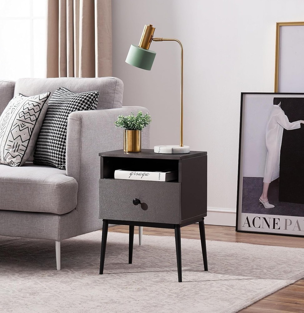 Modern Wood Night Stand,Square End Table Side Table W/ Drawer & Storage Space