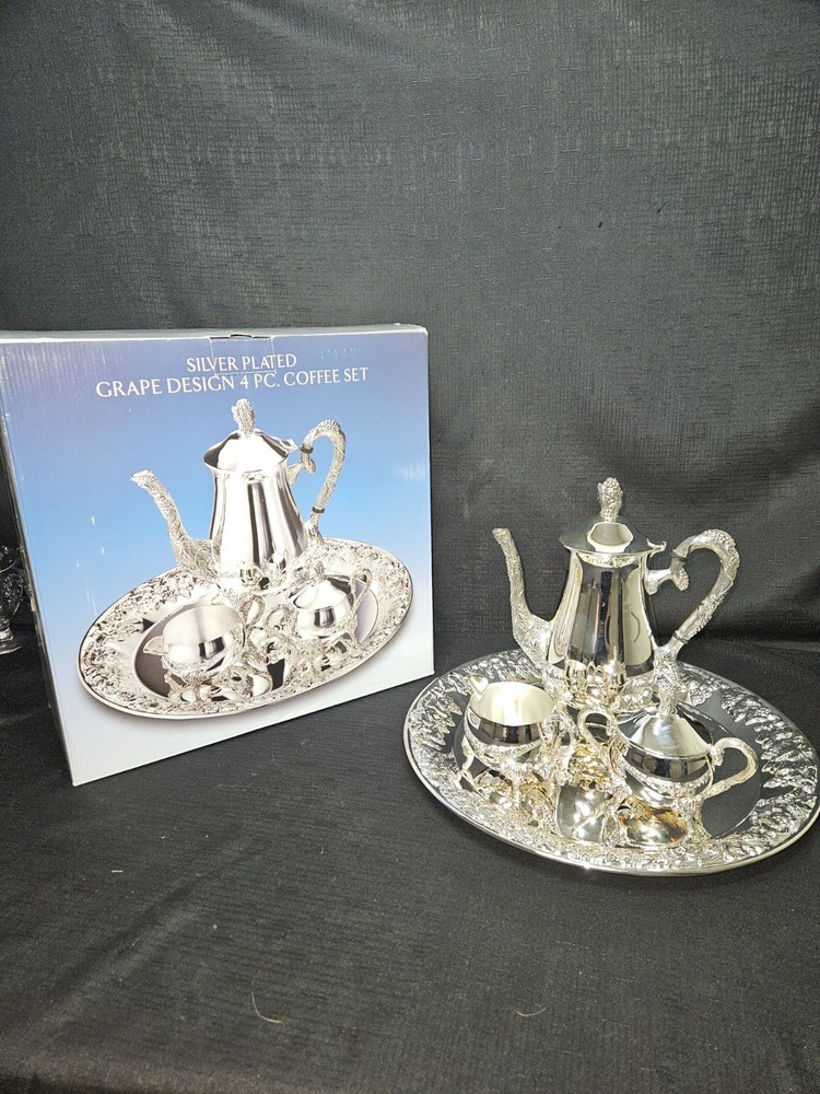 Nice Godinger Silver Plated 4 Piece Coffee Set With Elaborate Grape Design