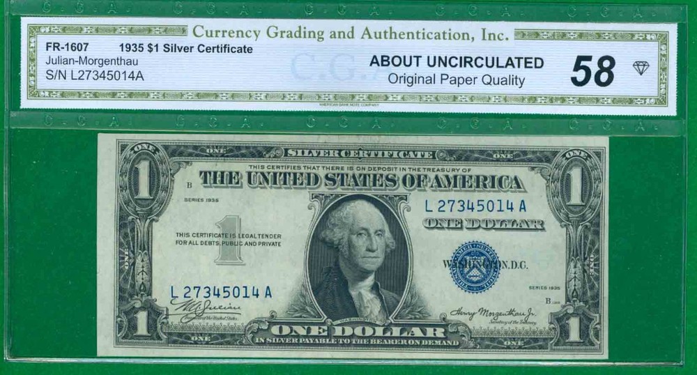 $1 1935 2 L/A BLUE SEAL SILVER CERTIFICATES ABOUT UNCIRCULATED PLAIN PAIR 58