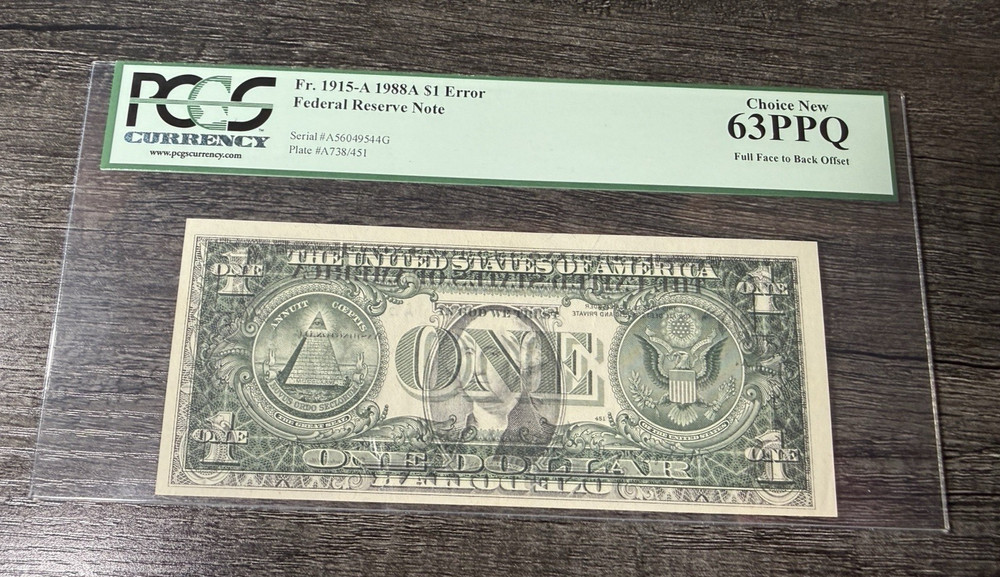 1988 $1 Dollar Bill Note Full Face to Back Offset Error PCGS 63PPQ Print on Back