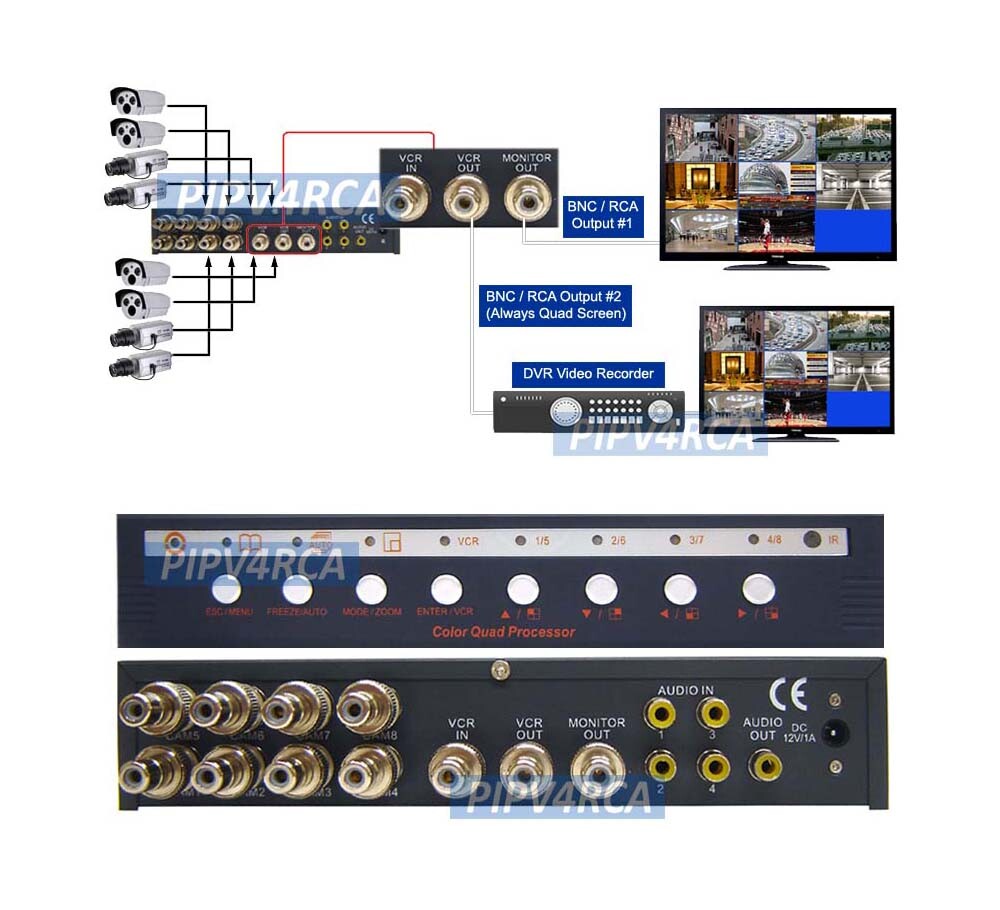 8-Channel Composite BNC RCA Video Split Screen Switcher With Audio Support