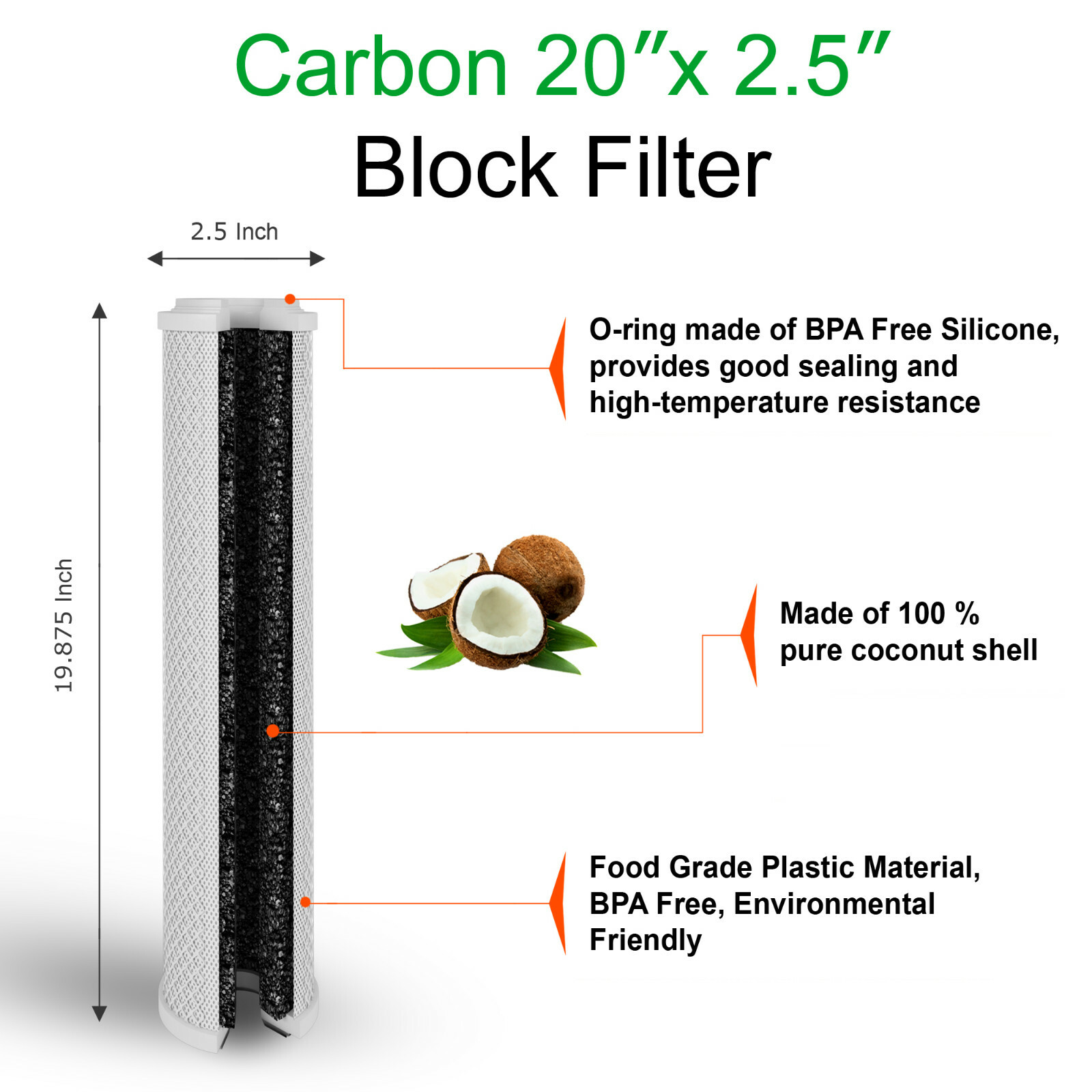 20" x 2.5" Block Carbon Water Filter 5 Micron Whole House Cartridges Set of 6