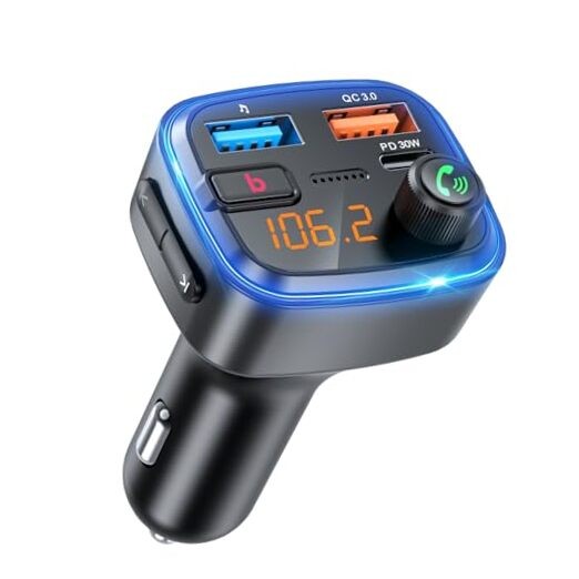 tooth 5.4 Car Adapter, Wireless FM Transmitter with Deep Bass Player, 48W Blue