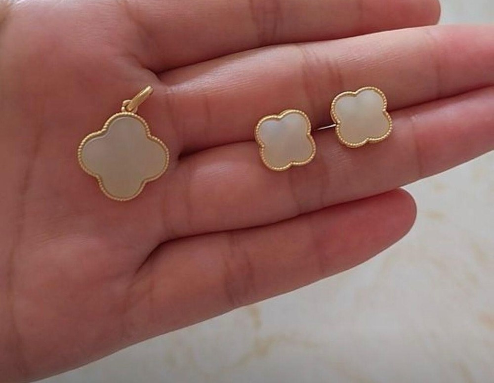 Hetian Jade Silver Earring and Necklace four leaf clover set