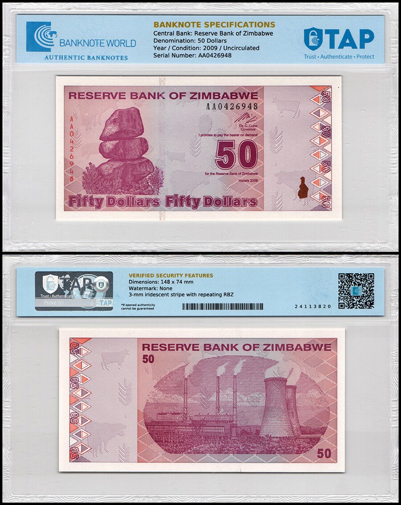 Zimbabwe 50 Dollars, 2009, P-96, UNC, Authenticated Banknote