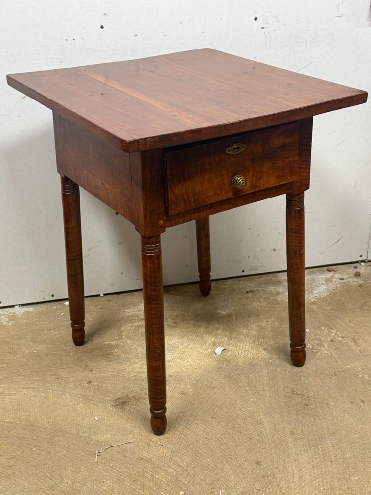 antique bench made tiger maple & walnut work table night stand end 1800s drawer