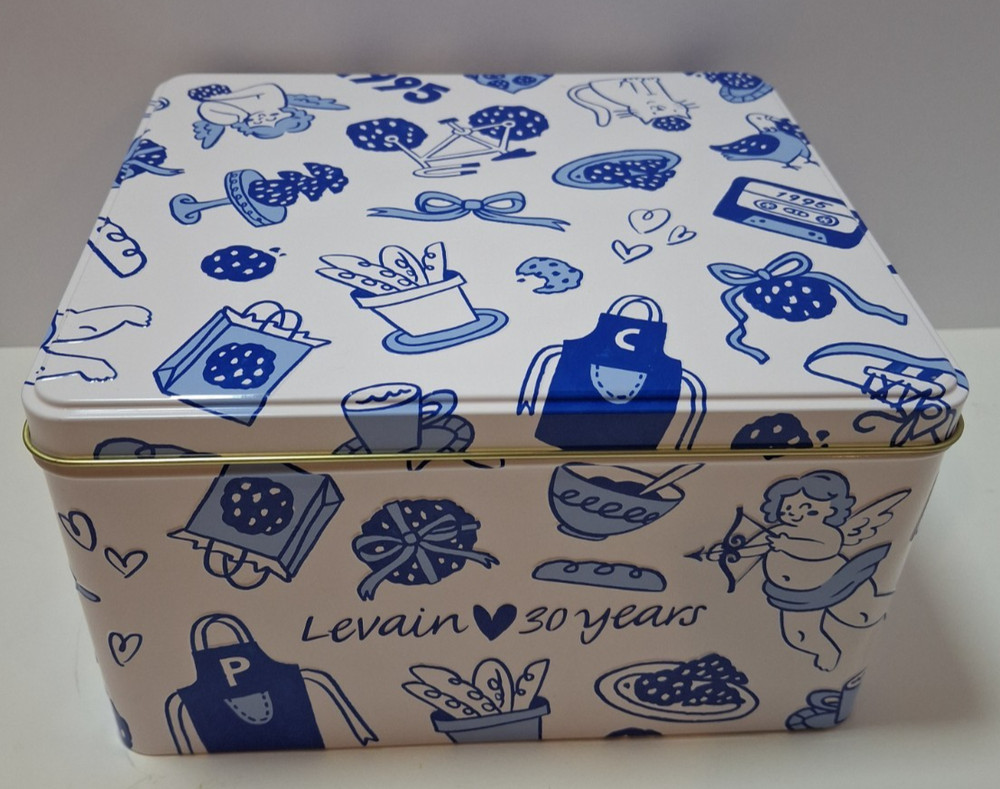 Levian Bakery Embossed Tin Container w/Lid 30th Anniversary Blue & White Empty