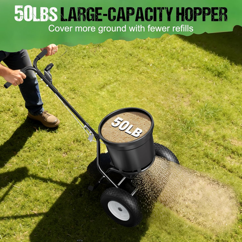 Fertilizer Spreader 50LB Capacity, Walk-Behind Push Broadcast Spreader with Hopp