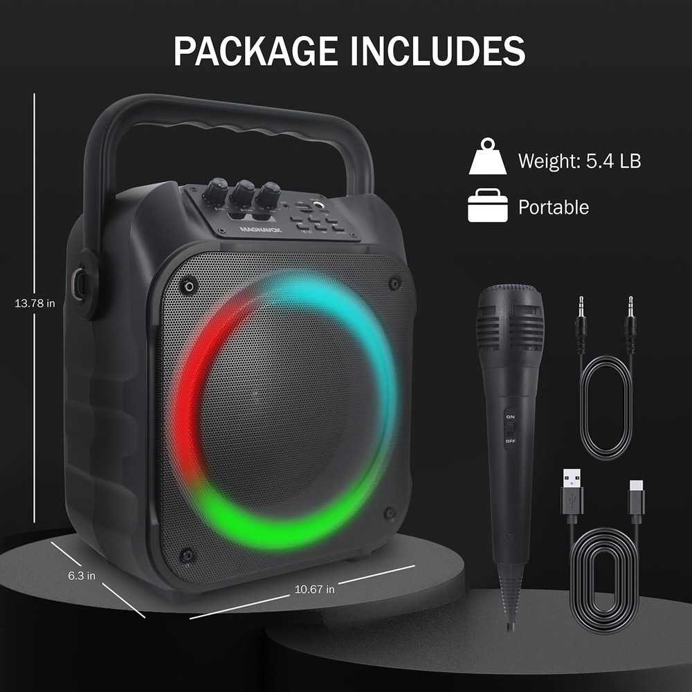 MHT778 Portable Karaoke System w/Lights, Bluetooth, 12W Output, USB/Micro SD/...