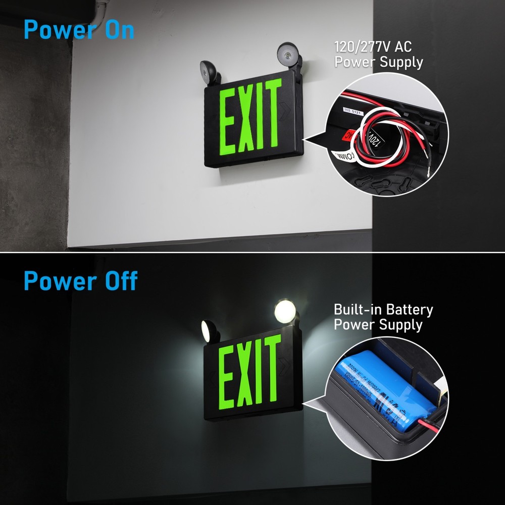 4 Pack Green LED Exit Sign Emergency Lights, Two Adjustable Head, Black