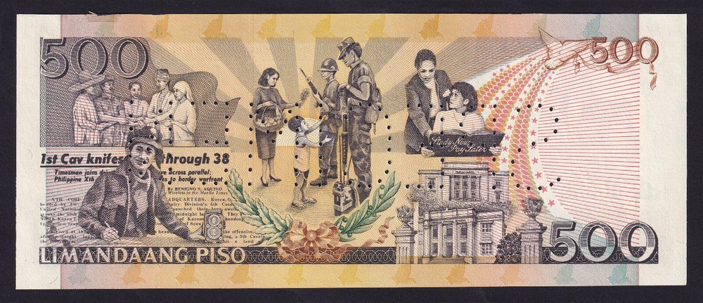 2001 NEW DESIGN 500 Pesos SPECIMEN SOLID NO. RB000000 Philippine Banknote